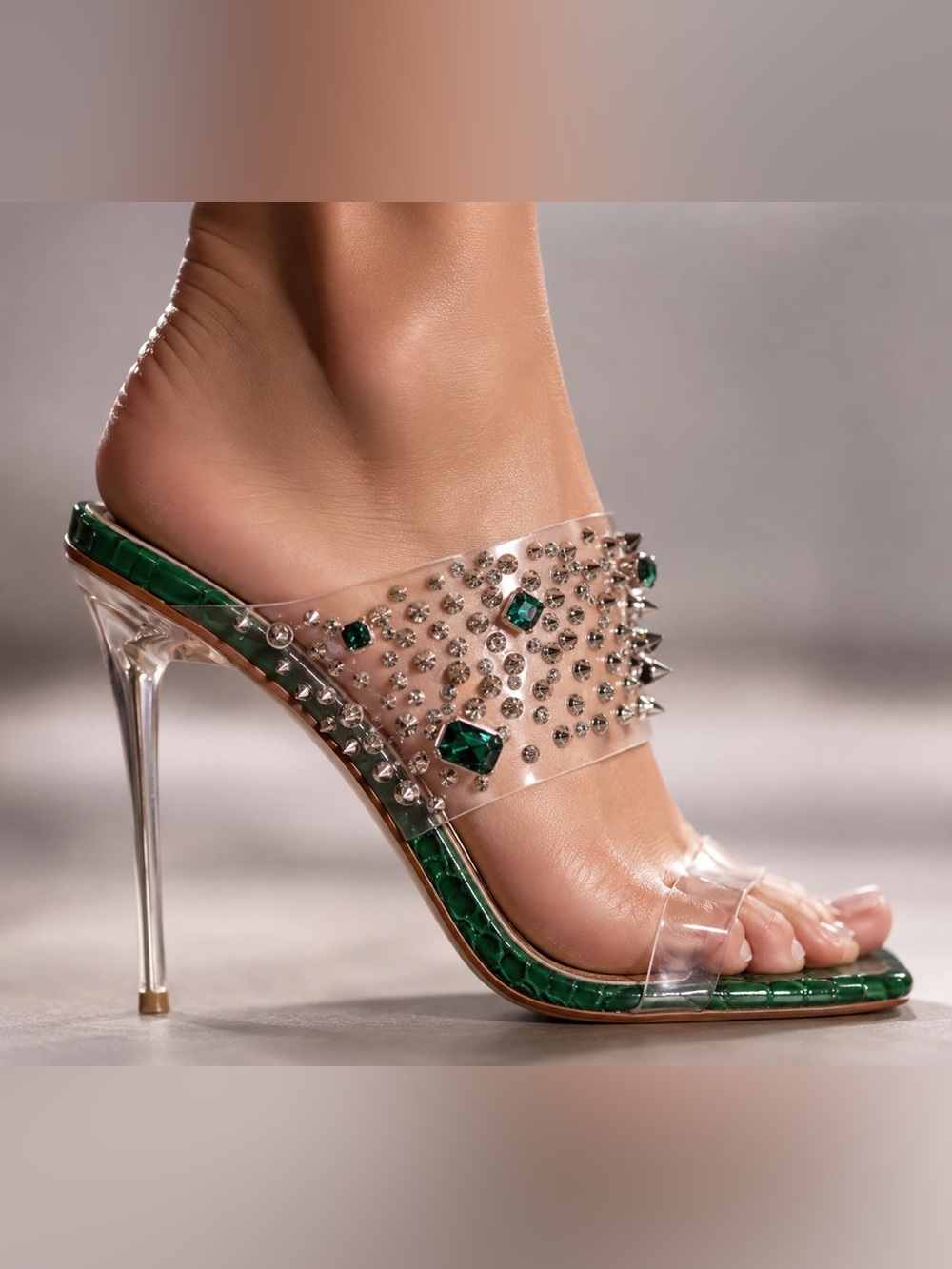 Azalea Wang Mya Green Croc Studded Crystal Stiletto Sandals size 8